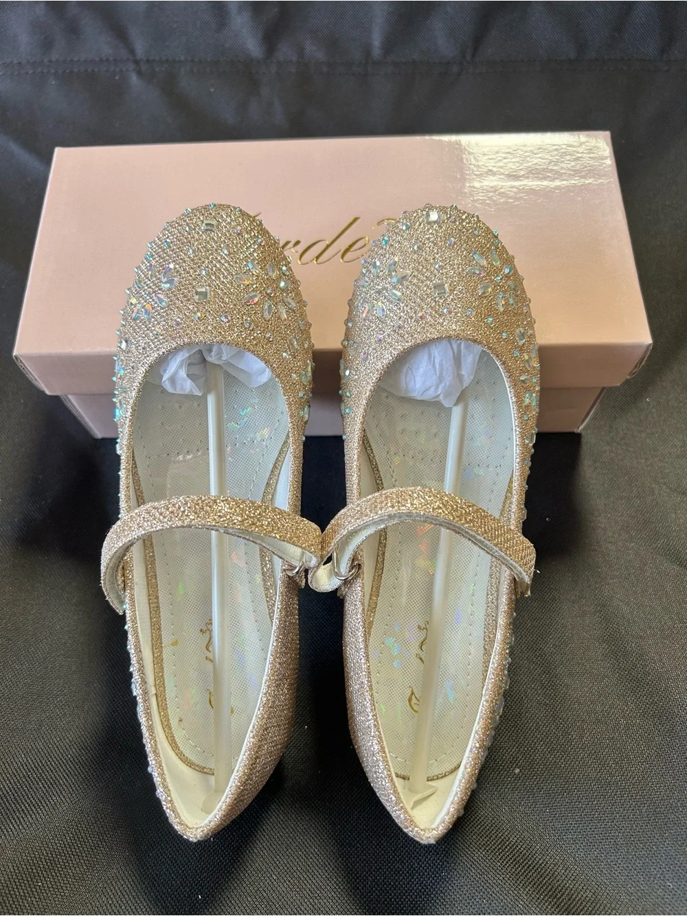 Girls Gold Glitter Gem Mary Jane Ballet Flats
